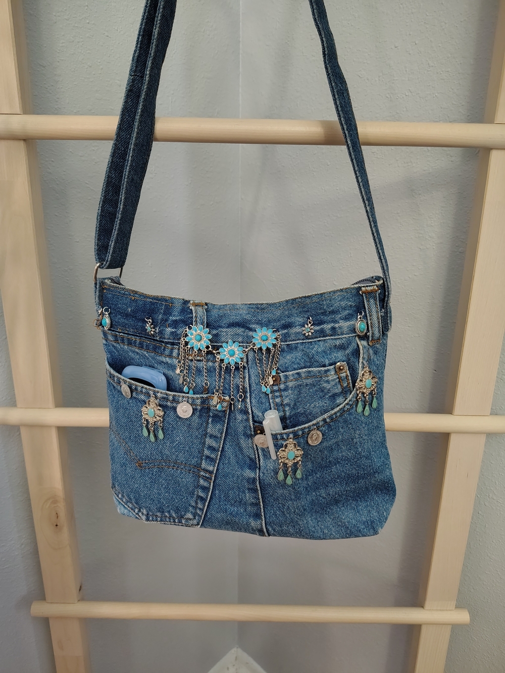 Handmade Y2k Boho Western Denim Crossbody Shoulder Bag with Bead Accents - Blue - Picture 10 of 14
